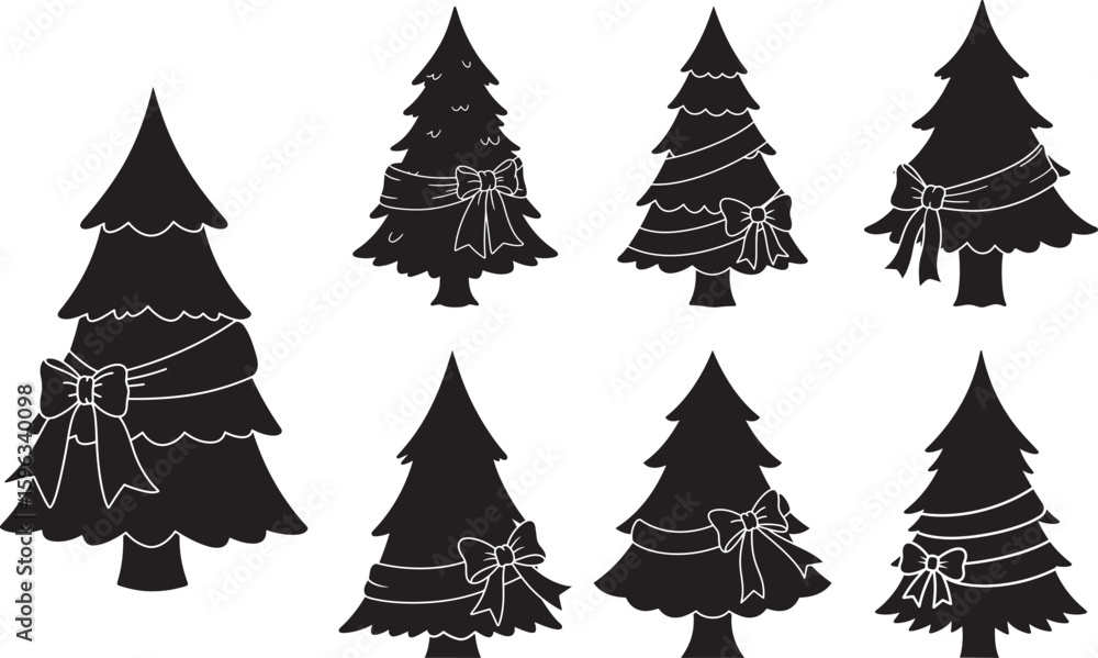Obraz premium Collection of decorated christmas tree silhouettes with bows and lights