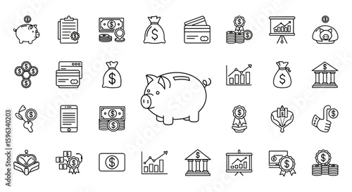Collection of financial icons illustrating savings, investment, and growth.