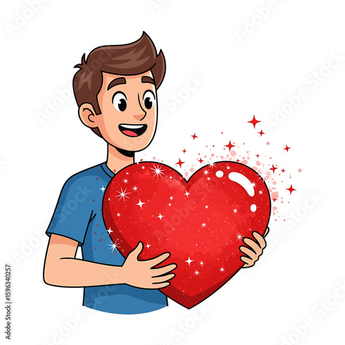 Cartoon illustration of a smiling young man holding a large, sparkling red heart with both hands.