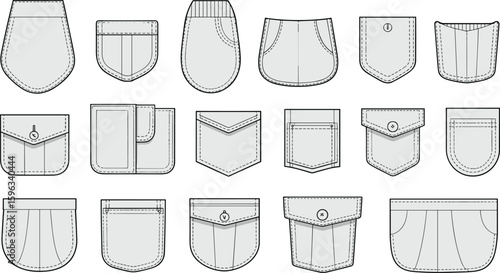 Set of fashion clothing pocket CAD sketches, vector technical drawing flat templates for apparel design, tailoring, stitching, and garment illustration