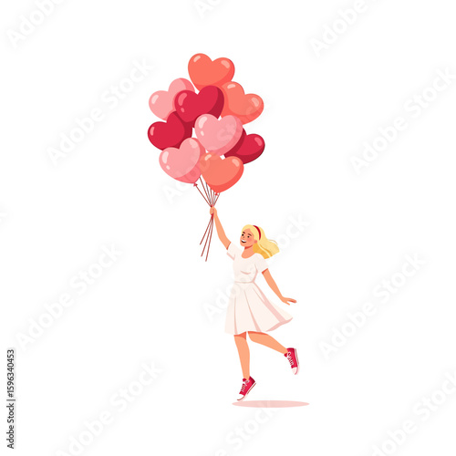 A young blonde woman in a white dress and red roller skates is holding a large bunch of heart-shaped balloons in shades of pink and red.