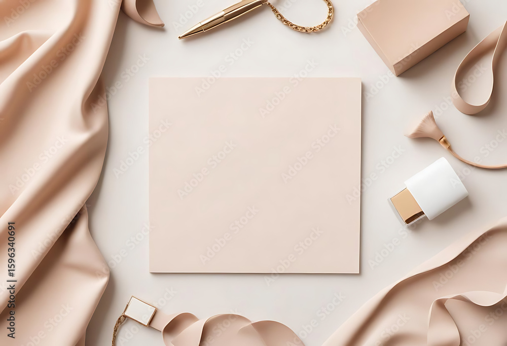 Obraz premium Beige styled flat lay with cosmetics and blank card