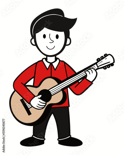 Illustration of boy playing acoustic guitar vector art for music education and entertainment design asset