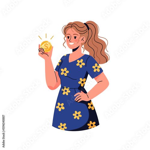 A smiling woman in a floral dress holds up a shiny gold coin with a dollar sign, representing wealth and financial success.