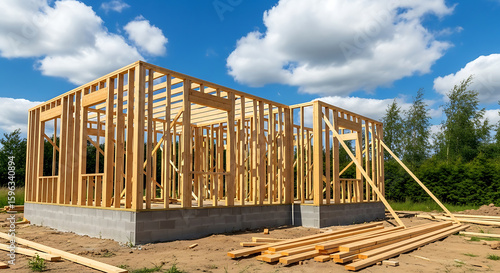 Wooden House Frame Under Construction Exterior view house frame being built with wooden beams and gray concrete foundation house frame construction wood framing new home
