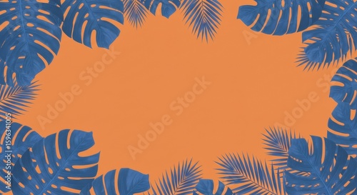 Tropical Leaves Frame on Orange Background Minimalist Design