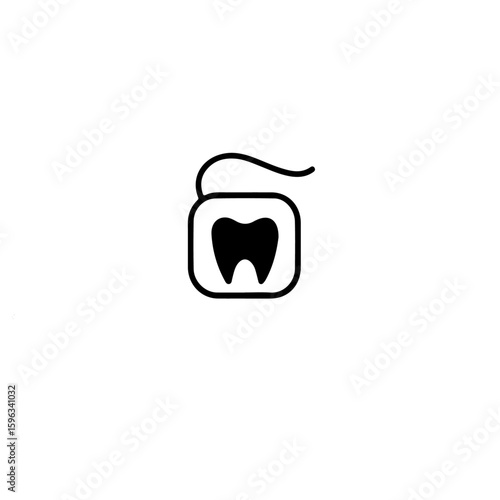 A simple black and white icon showing dental floss and a tooth outline shape