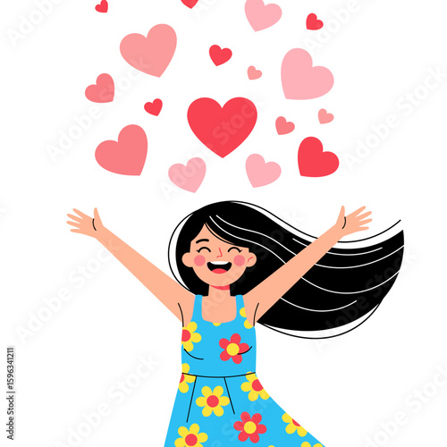 A cartoon girl with dark hair and a blue floral dress joyfully reaches up towards floating pink and red hearts.