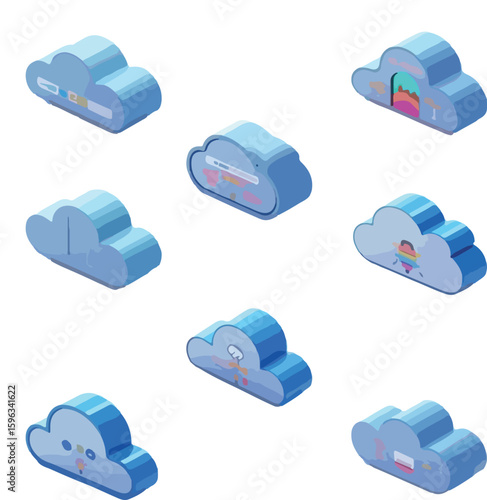 Isometric Pixel Art Clouds with Various Icons Light Blue Color Palette on transparent background