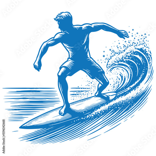 Silhouette sketch art of the surfer on an ocean wave in style grunge.