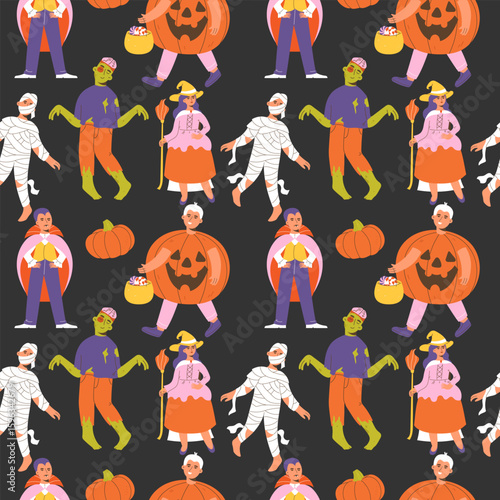 People in Halloween costumes seamless pattern on a dark background