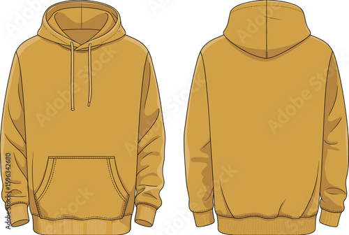 Yellow pullover hoodie flat vector illustration with drawstring, front and back view, fashion cad sketch, technical garment drawing
