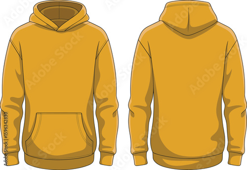 Yellow hoodie front and back technical fashion drawing, vector sweatshirt flat sketch, pullover with pocket and hood, cad illustration
