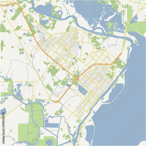 Map of Port Arthur in Texas in a normal road map style. Contains layered vector with roads water, parks, etc.
