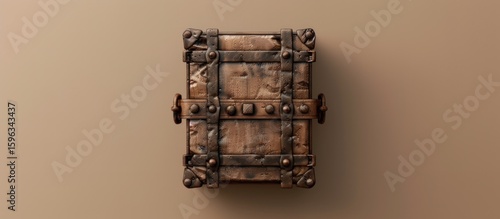 A top view of an antique wooden chest with metal accents on a beige background.