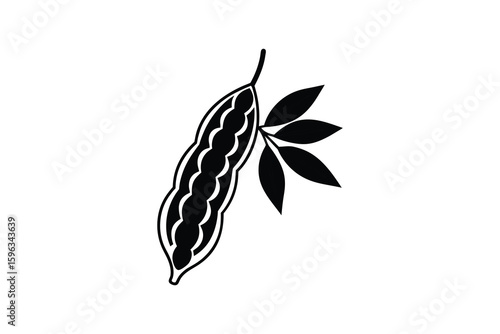 Elegant Black and White Bean Pod with Leaves Graphic Illustration in Silhouette Style silhouette simple elegant graphic illustration bean pod leaves