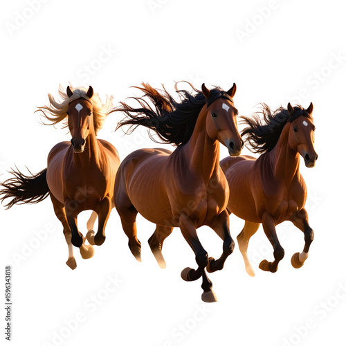  Stylized Desert Horses with Flowing Manes Galloping Through Hazy Dunes, Dreamlike Scene