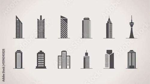 Collection of Modern City Building Icons Skyscrapers, Towers, and Urban Architecture
