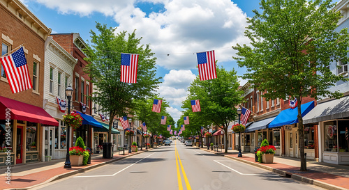Fototapeta Naklejka Na Ścianę i Meble -  American Flags Decorate Main Street USA sunny main street lined with shops and flags hanging from trees main street town street american flags small town
