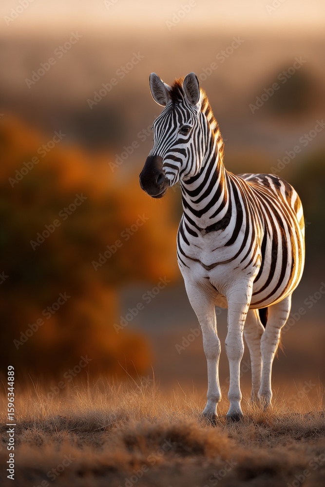 Obraz premium Majestic young zebra standing calmly in golden grassland du sunset with detailed stripes and natural wildlife environment