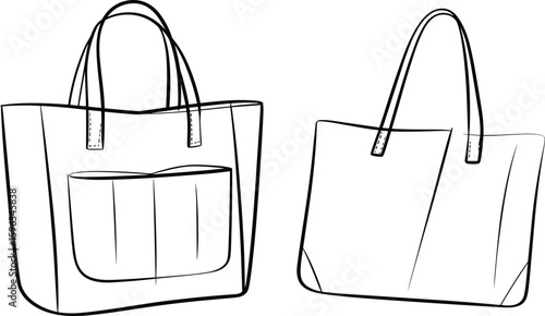 Minimalist tote bag fashion sketch with curved top pocket and handle stitch detail, technical cad drawing flat vector illustration