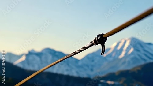 Climber Holding Rope in Mountain Landscape with Snow-Capped Peaks Aerial Shot