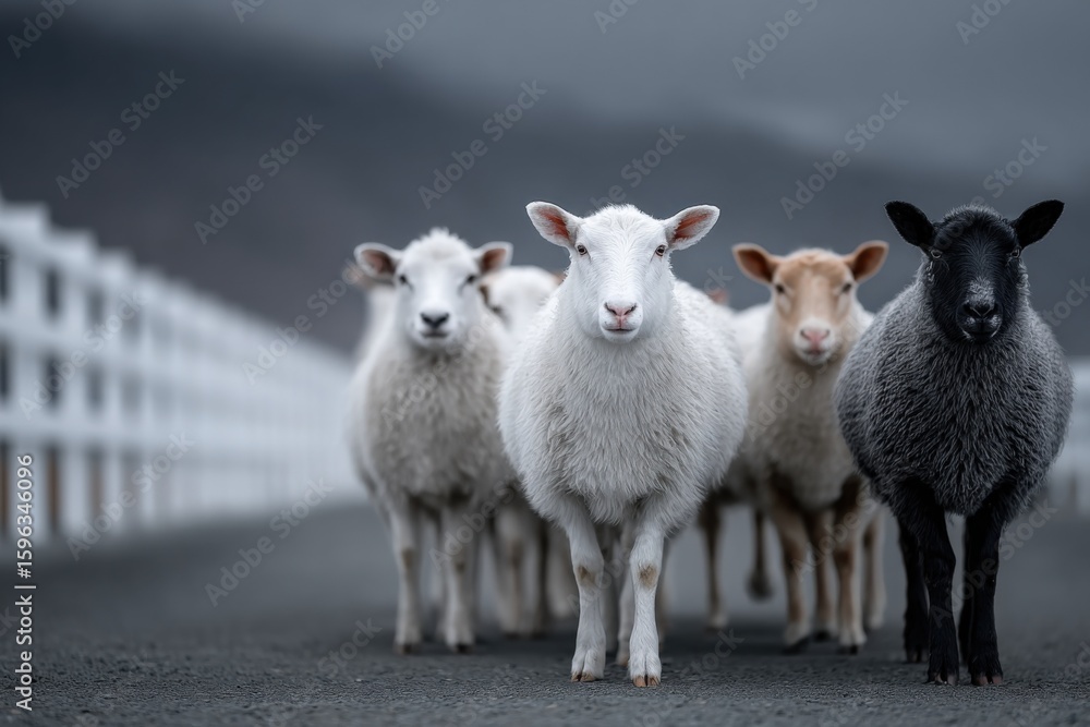 Obraz premium Group of five sheep walking on a paved road with a fence and cloudy sky in the background, farm animals in a rural setting