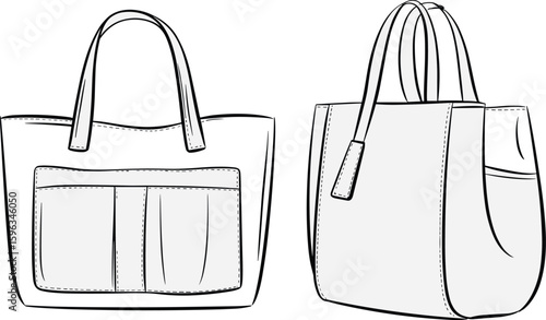Tote bag technical sketch with front patch pockets, side view detailing, and top handle, cad drawing flat vector illustration