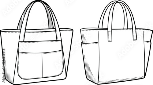 Tote bag flat technical sketch with top handle, front pocket, clean stitching detail, minimalist handbag design, cad vector illustration