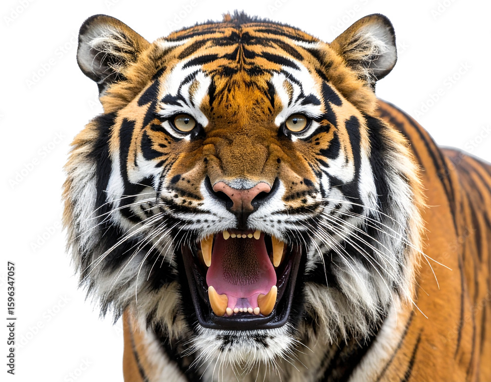 Fototapeta premium Roaring Tiger Head Close-Up, Front Facing, Transparent Background PNG