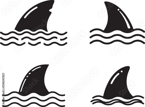 Shark Fin Icon in Wavy Water Black ,shark flipper and waves on white background. Vector black icon on white background