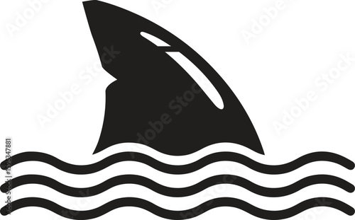 Shark Fin Icon in Wavy Water Black ,shark flipper and waves on white background. Vector black icon on white background.