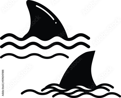 Shark Fin Icon in Wavy Water Black ,shark flipper and waves on white background. Vector black icon on white background.