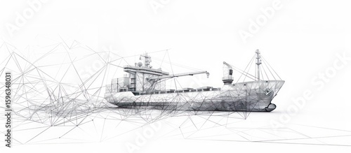 Wireframe Cargo Ship on White Background.