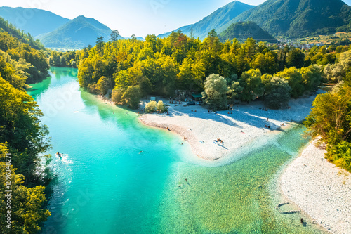 Slovenia. Soca and Tolminka river mouth idyllic beach aerial view