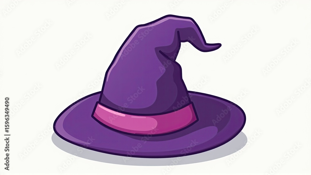 Naklejka premium A stylized witch's hat with a curved point and pink ribbon, depicted on a clean, white background.