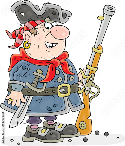 Funny sea pirate in a shabby naval uniform and a cocked hat, with his old musket and a saber for boarding, vector cartoon illustration on a white background