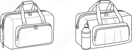 Duffle bag technical drawing, black white vector sketch, flat CAD illustration, travel gym bag design with zipper and bottle holder