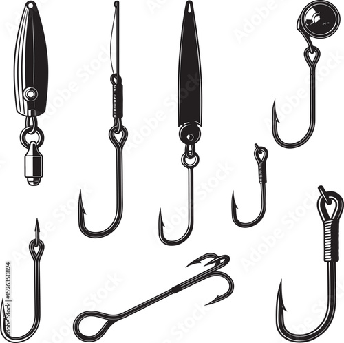 Collection of Different Fishing Hooks and Lures in Black and White on Transparent Background