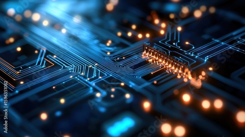 High-tech circuit board close-up with glowing components;  abstract background