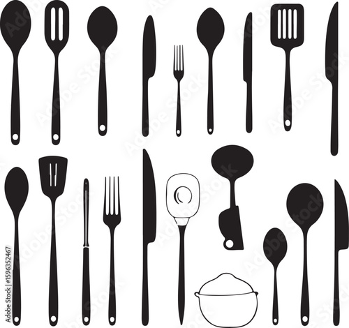Assorted Kitchen Utensils Silhouette Collection Black and White on transparent background collection assorted kitchen