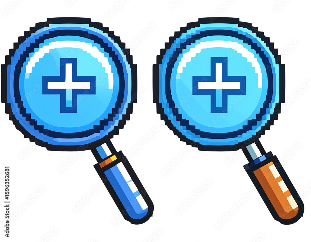 Obraz premium Dual Zoom In and Zoom Out Icons in Pixel Art Style, Side-by-Side Arrangement, Transparent Background PNG