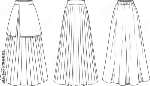 Flat vector CAD drawing of long pleated and gathered skirts, technical fashion illustration for clothing design and apparel template