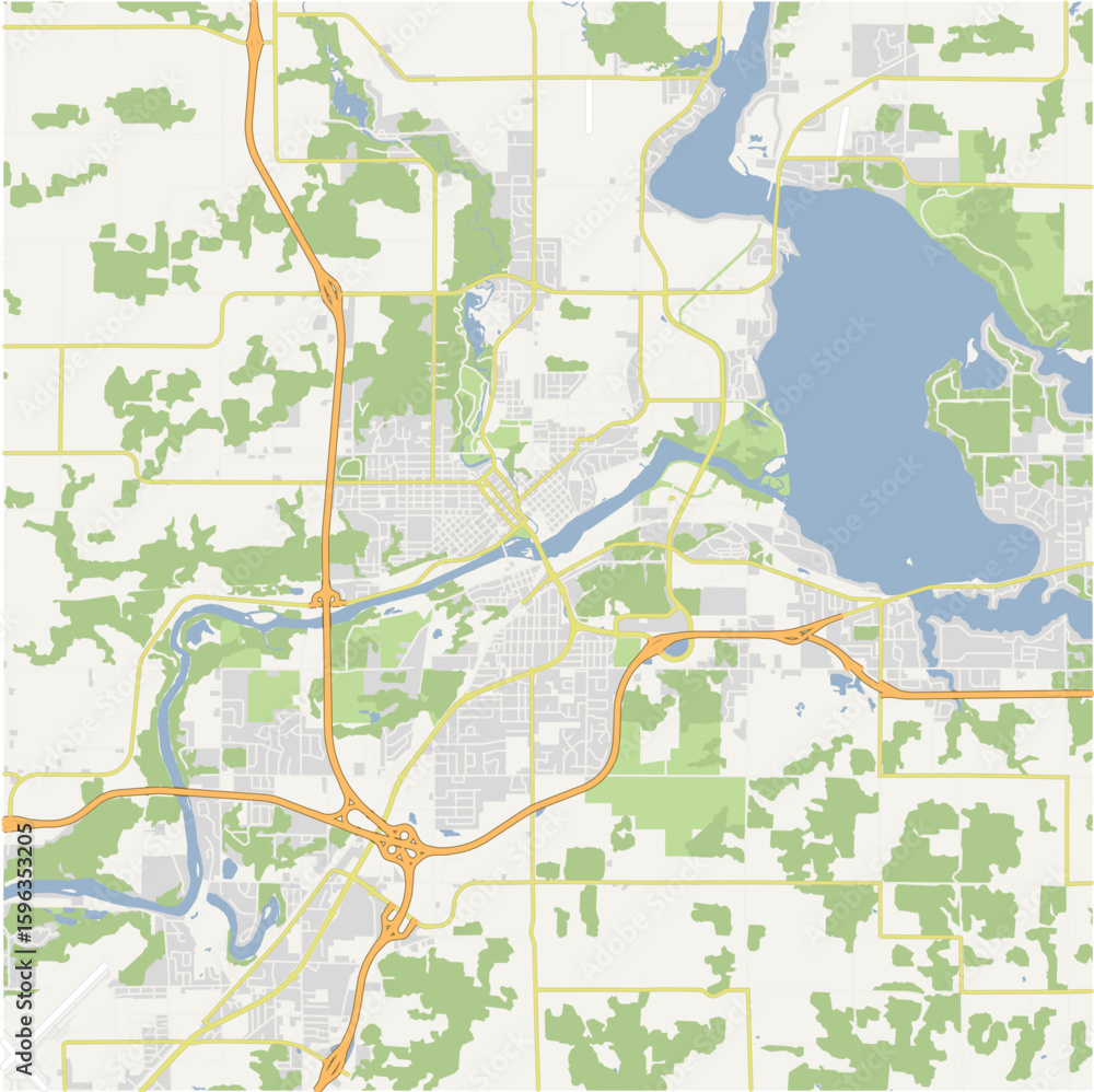 Naklejka premium Map of Chipewa Falls in Wisconsin in a normal road map style. Contains layered vector with roads water, parks, etc.