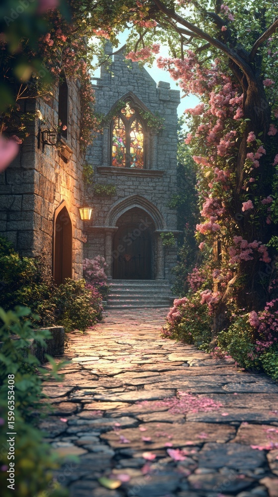 Fototapeta premium Walking Path to Stone Building with Flowers and Sunlight