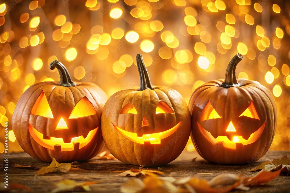 Fototapeta premium Three glowing jack o lanterns on a fall evening