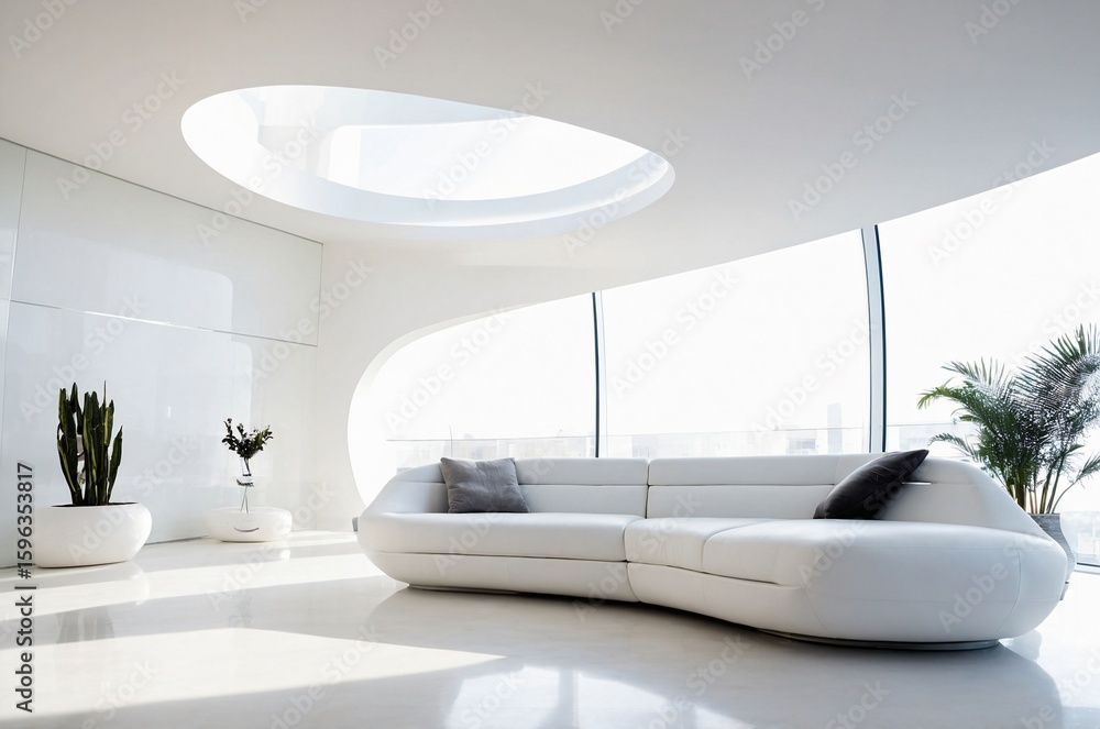 Fototapeta premium A white couch is in a room with a window