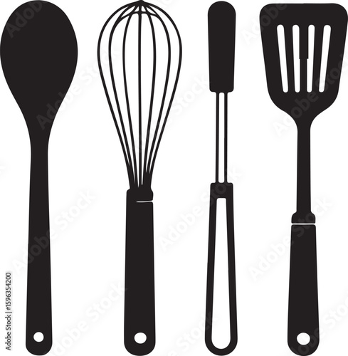 Kitchen Utensils Black Silhouette Set Including Spoon Whisk Spatula on Transparent Background set kitchen