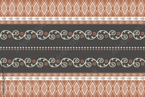 Traditional pixel-style ethnic textile pattern with geometric tribal motifs in brown, beige, and black tones, perfect for backgrounds or fabric designs.