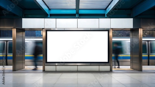 Blank billboard near moving train white screen